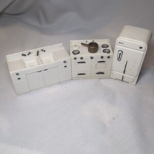 Vintage Marx Doll House Kitchen Furniture Set White Sink Stove Fridge & Pot
